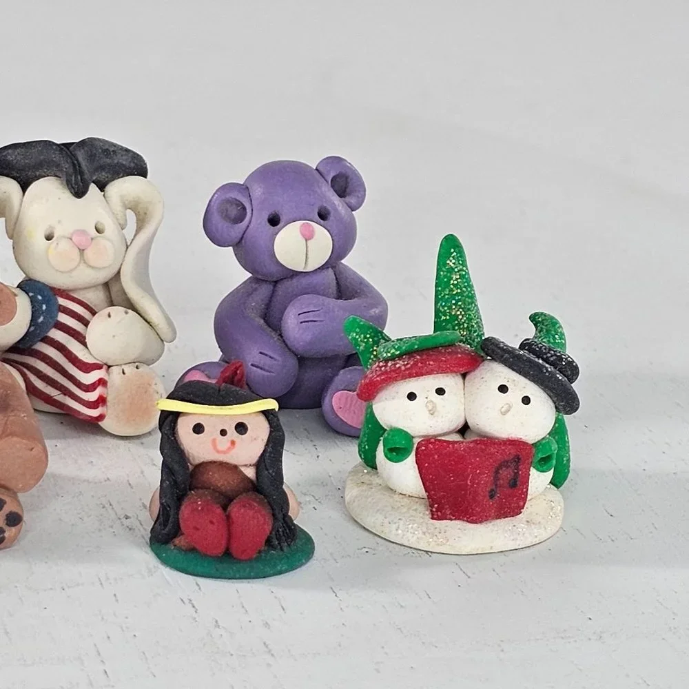 Polymer Clay Animal Miniature Figurine Lot Rabbit Dog Bear Bird Cat
